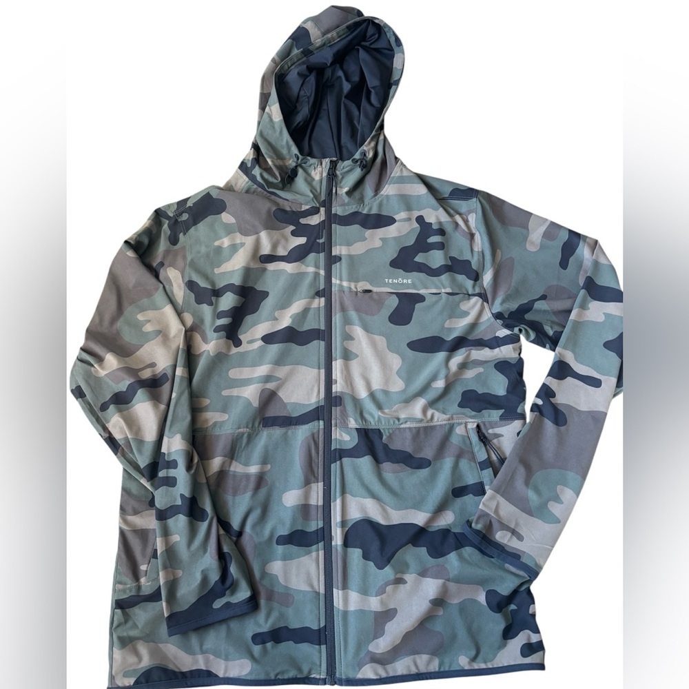 New Tenōre Flow Jacket w Hoodie Olive Camo Windbreaker Mens Size L surf run
